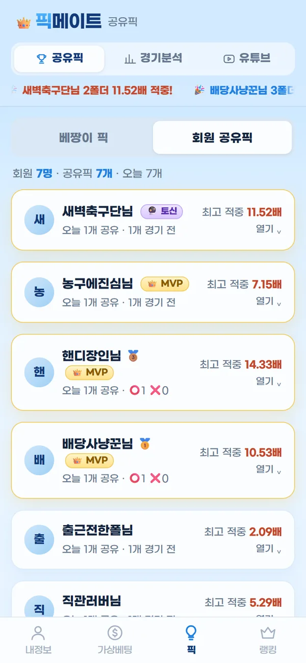 스포츠 소통방 앱 픽메이트 회원 공유픽 화면 - 회원별 오늘 공유한 픽과 최고 적중 배당